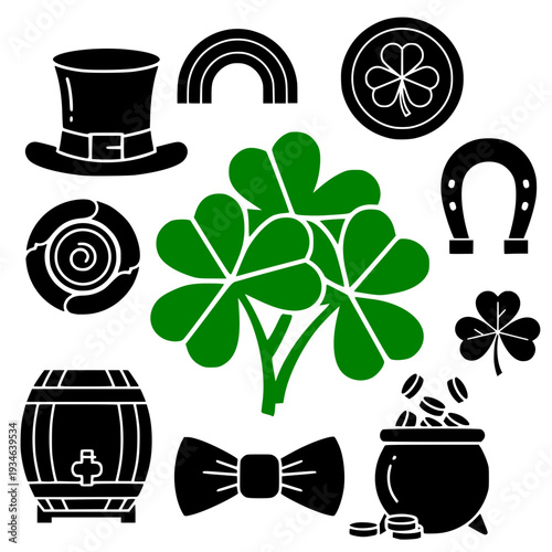 Vector Set 10 St. Patrick's Day symbols including shamrock, hat, and pot of gold  