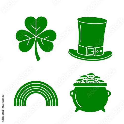 Vector set - St. Patrick symbols: Green shamrock, leprechaun hat, rainbow, and pot of gold symbols  