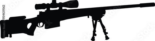 Black Silhouette of Sniper Rifle with Scope and Bipod Isolated on White Background