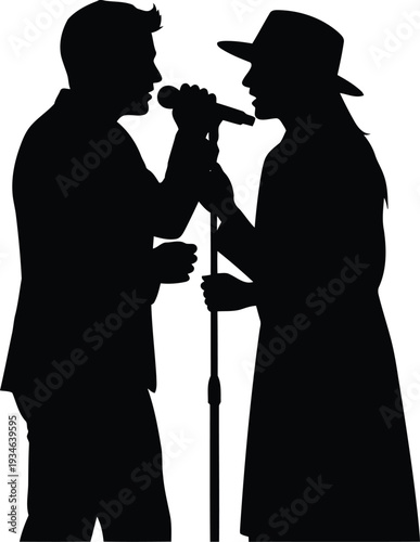 Silhouette of Male and Female Singers Performing Duet on Stage with Microphone