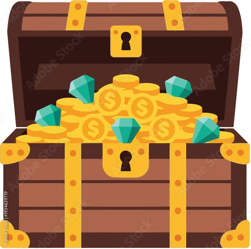 Treasure chest filled with gold coins and emerald gems isolated on white background vector illustration