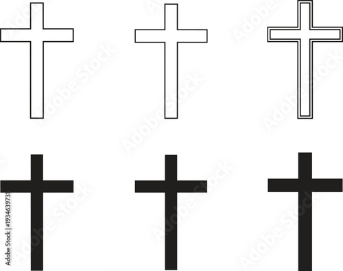 Christian cross icon set vector illustration, outline and solid crucifix symbols isolated on white background for religion design