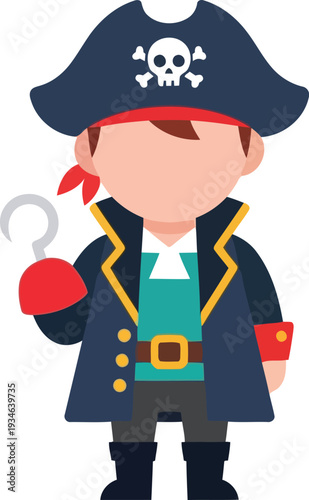 Cute Cartoon Pirate Character Illustration with Hook Hand and Skull Hat for Kids and Party Designs