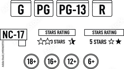Movie content rating system icon set featuring age restriction symbols parental guidance labels star ratings and film classification for media platforms