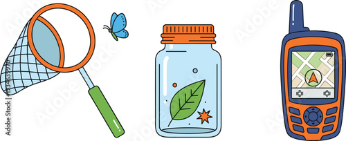 Outdoor nature exploration set featuring butterfly net with blue butterfly specimen jar with leaf and handheld GPS navigation device for hiking