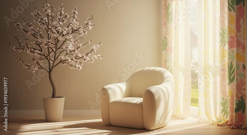 Cozy indoor corner featuring white armchair next to blooming artificial cherry blossom tree under soft natural light