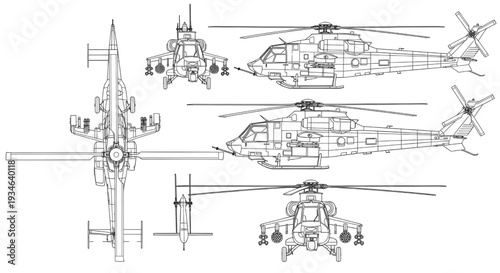 Military Helicopter AutoCAD Blueprint Vector – Multi View Aviation Technical Drawing