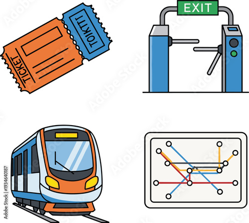 Public transportation icon set featuring modern subway train ticket turnstile exit gate and colorful metro railway map for urban travel navigation