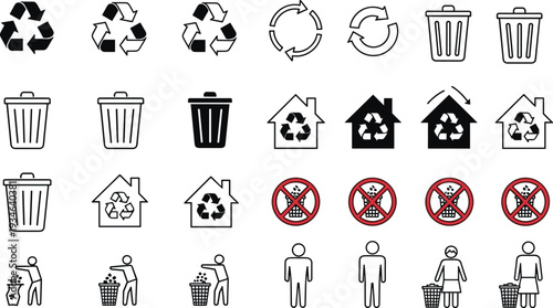 Recycling and waste management icon set featuring trash cans recycle symbols household sorting littering prohibitions and sustainable environment conservation line