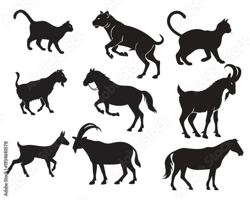 Silhouettes of various animals including cats, antelopes, and goats in motion poses
