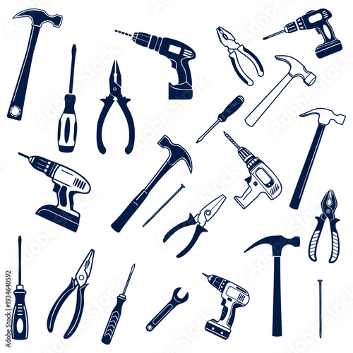 Assorted blue and white line-drawn tools and hardware items collection