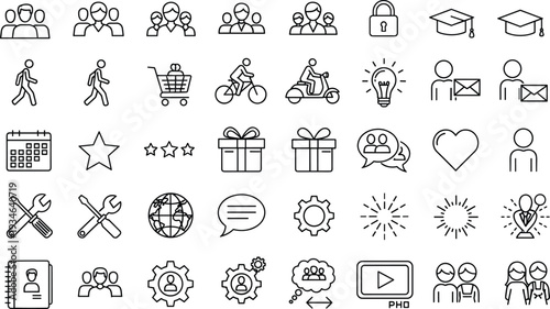 Line icons, people symbols, communication tools, education graphics, technology visuals, teamwork elements, user interface, activity icons, profile design, productivity