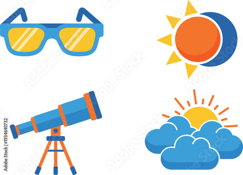 Solar eclipse icon set featuring eclipse glasses sun and moon alignment telescope on tripod and sun rising behind blue clouds