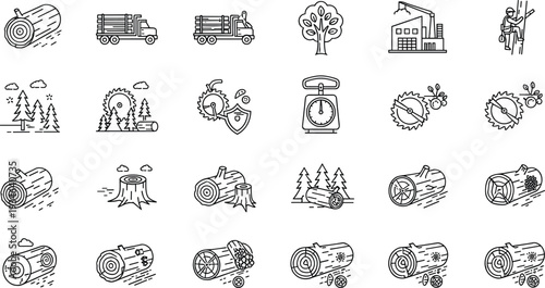 Logging icon set, timber industry symbols, forestry graphics, vector wood pack, black and white illustrations, sawmill, harvesting, eco-friendly, processing