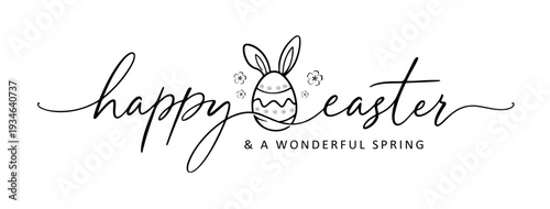 Happy Easter and a wonderful spring logo with elegant script typography and egg illustration, for easter greeting card, easter banner, E-mail signature, printable, isolated on white background