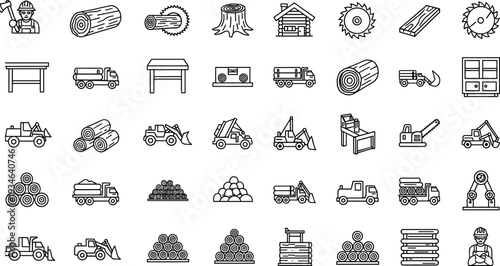 Logging industry icons, lumberjack tools, forestry equipment, wood processing, sawmill building, timber transport, chainsaw symbol, log cabin, wooden planks, tree stumps