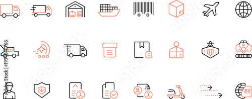 Logistics icon set, supply chain symbols, transportation graphics, delivery elements, warehouse resources, cargo shipping, global trade, e-commerce, vector line design