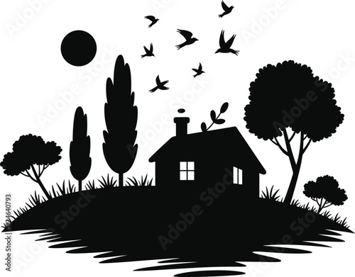 Countryside vector illustration, rural house silhouette design, nature inspired art, landscape reflection graphics, birds trees flat vector illustration content SEO