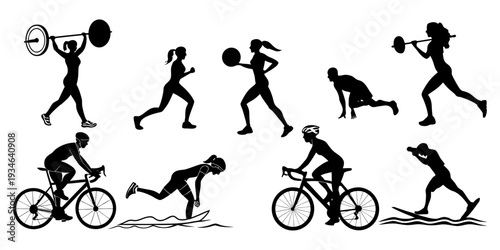 Athletes demonstrating various stages of throwing and cycling techniques
