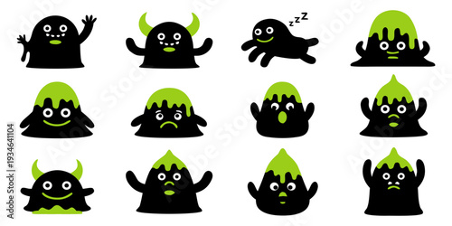 Various cartoon creatures in different poses and expressions, showcasing diverse emotions and actions in a playful illustration