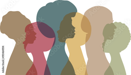 Unity in Diversity: Silhouettes of varied women stand shoulder-to-shoulder, showcasing the beauty and strength found in difference and community, promoting inclusivity.