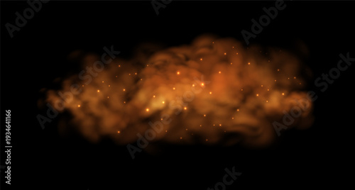 Abstract orange smoke effect with floating sparks creates dramatic fire atmosphere, ideal for overlay compositions with mysterious fog and burning ember elements.