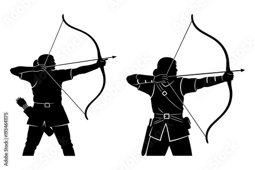 Archers in Action, Shooting Bows from Different Angles, Silhouette Illustration