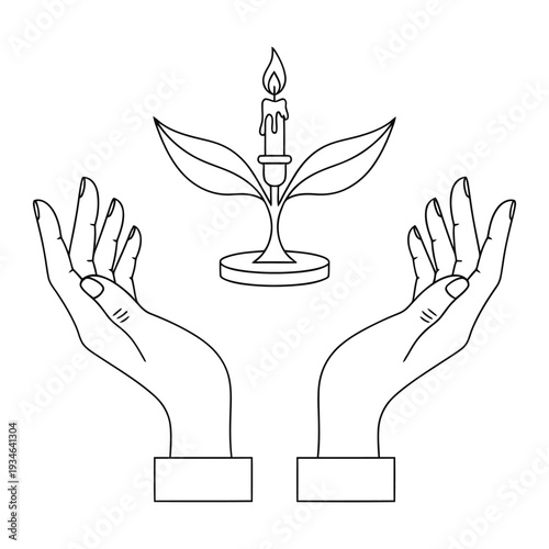 A line drawing of two hands with a candle and leaves on a in a symbolic gesture