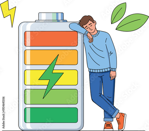 Tired man leaning on a large battery icon with lightning bolt and green leaves representing energy levels burnout and recharging
