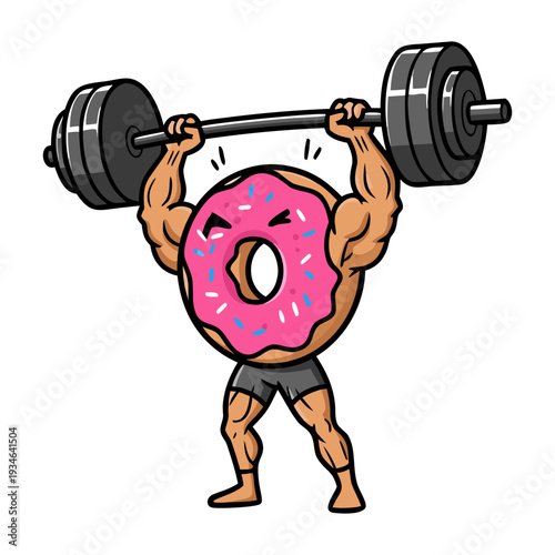 Muscular figure with donut head lifting heavy weights in a powerful stance