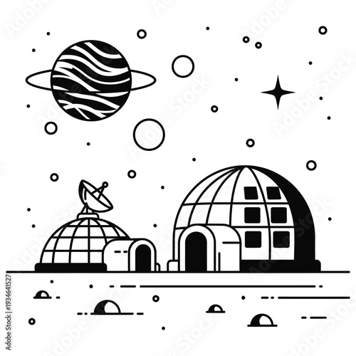 Black and white illustration of futuristic igloo village with satellite dish under starry night sky with planet