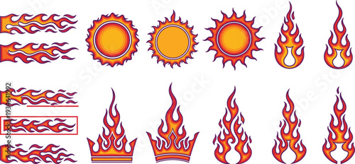 Flame and sun icon vector collection, blazing fire elements and hot summer symbols isolated on white background