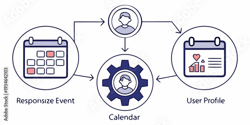 A flowchart illustrates the connection between responsive events, a central calendar process, and user profile management in a system.