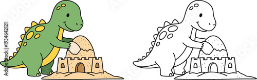 Cute Cartoon Dinosaur Building a Sandcastle at the Beach Coloring Page Included