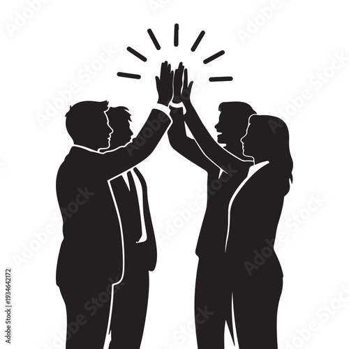 Harmony of High-Fives: A group of businesspeople, silhouetted against a backdrop of accomplishment, celebrate success through a resounding high-five.