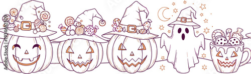 Halloween banner featuring hand drawn jack o lantern pumpkins with witch hats, spooky ghost, and hot cocoa with monster cookies.