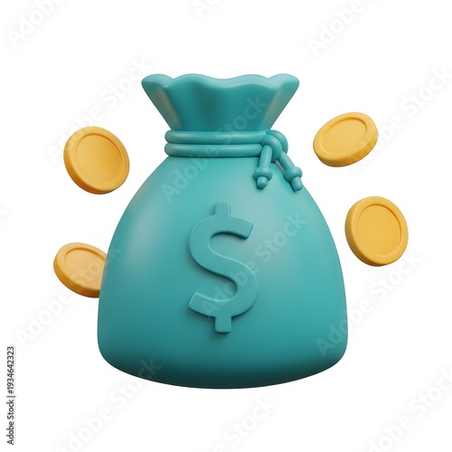 Teal money bag with gold coins and dollar sign