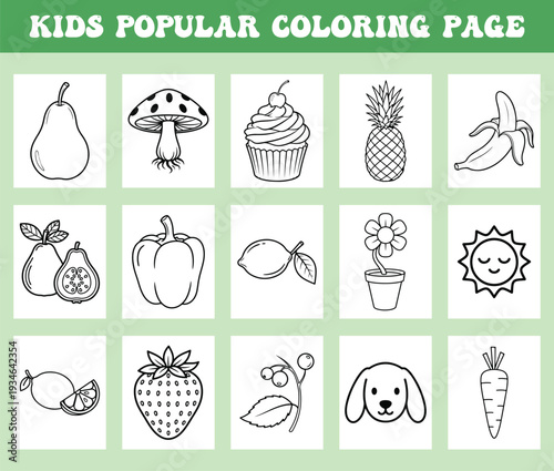 Kids Coloring Page Icon Set With Fruit Animals