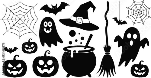 Halloween vector illustration, spooky silhouette design, festive holiday art, haunted decoration graphics, bats ghosts pumpkins flat vector illustration