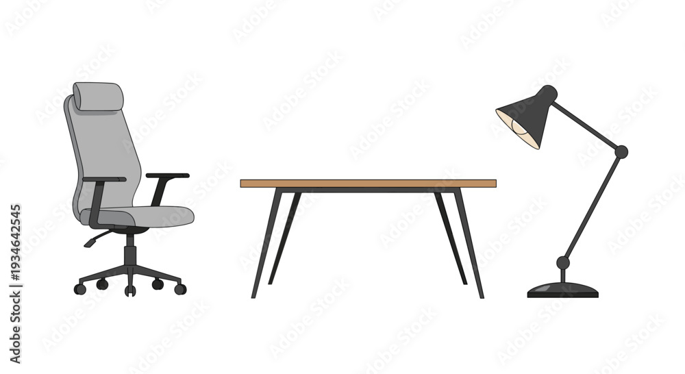 Fototapeta premium A modern office setup with a gray chair wooden desk and black lamp, Generative AI.