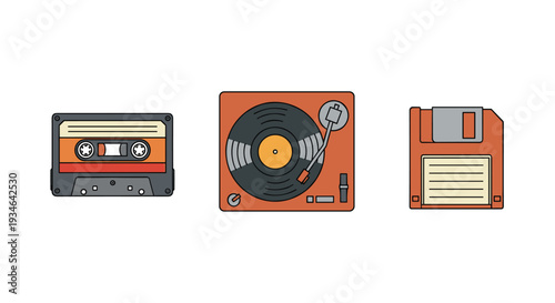 A colorful illustration of vintage music and data storage devices including a cassette tape vinyl record and floppy disk, Generative AI.