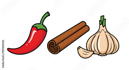 A colorful illustration of a red chili pepper a cinnamon stick and a bulb of garlic, Generative AI.
