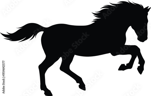 Horse silhouette vector illustration, leaping stallion design, wild animal motion art, equestrian branding inspiration, graceful horse jumping forest background