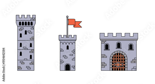 Three cartoon castle towers with flags and battlements, Generative AI.
