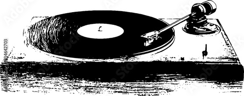 Vintage phonograph high contrast black and white ink illustration for retro design
