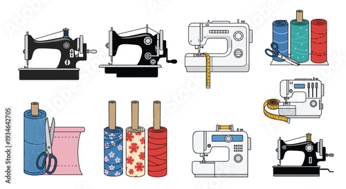 Collection of sewing machines and sewing notions on with colorful fabrics and threads, Generative AI.