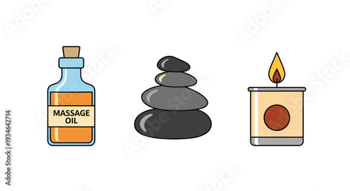 A set of spa and wellness items including massage oil bottle hot stone and candle on for relaxation and therapy, Generative AI.