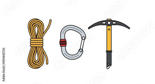 Climbing equipment including rope carabiner and ice axe, Generative AI.