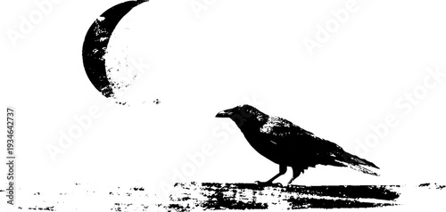 Raven silhouette and crescent moon in high contrast black and white for mysterious design