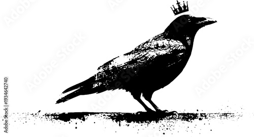Majestic raven with crown in high contrast ink drawing design